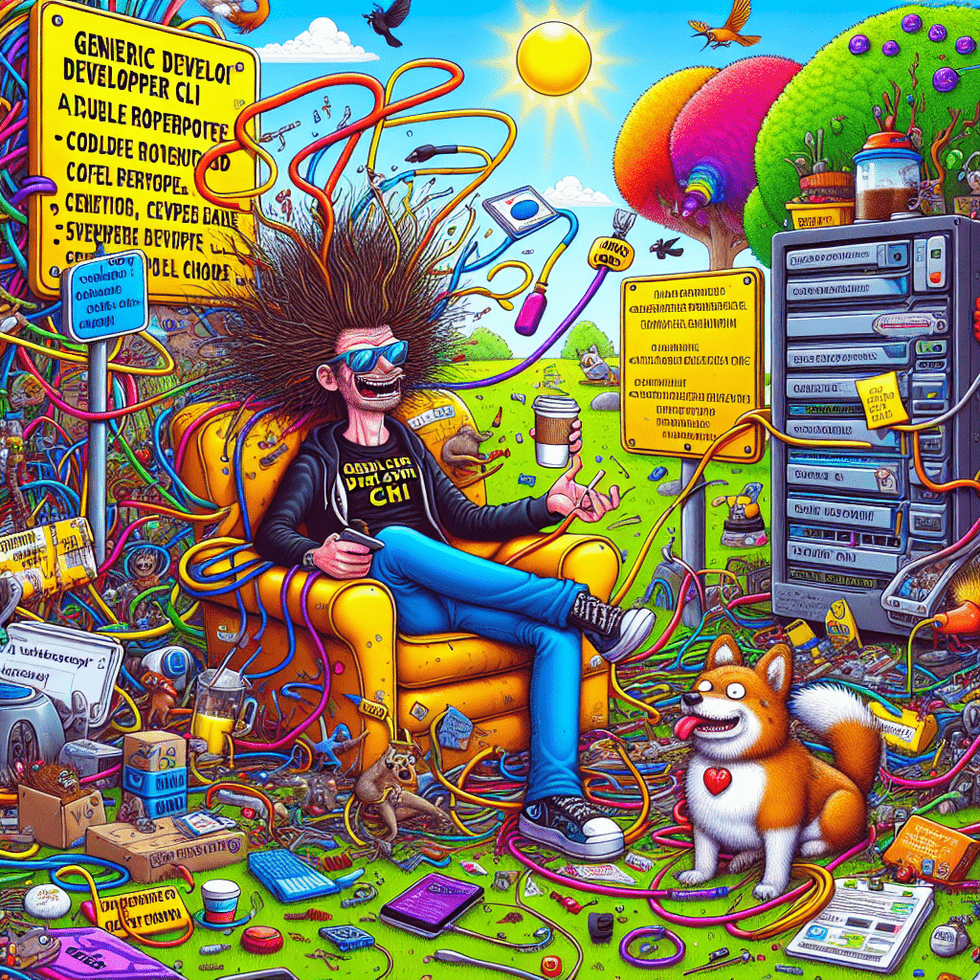 A vibrant cartoon scene depicting Bob, a slightly chaotic developer with wild hair, lounging in a sunny park while juggling a coffee cup and the leash