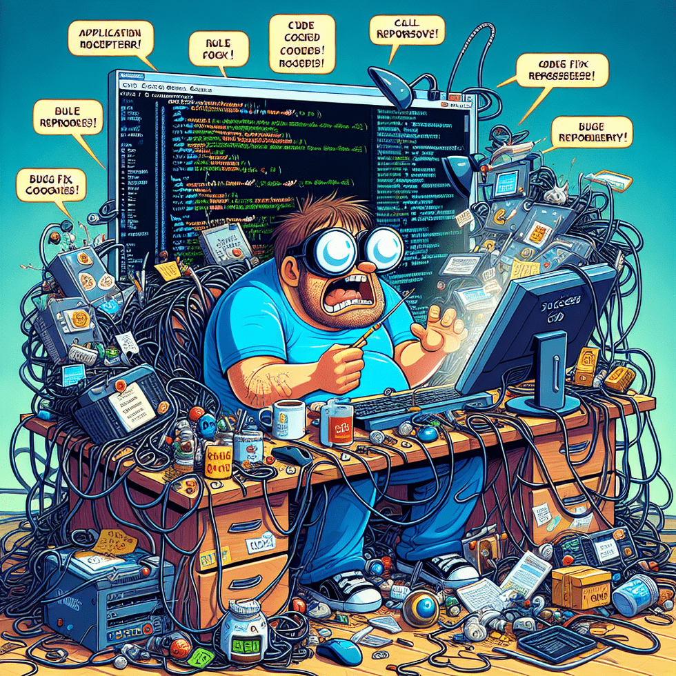 A dynamic cartoon image of Bob intensely focused on his Spring Boot project setup. He is seated at a cluttered desk with tangled cables and tech gadge