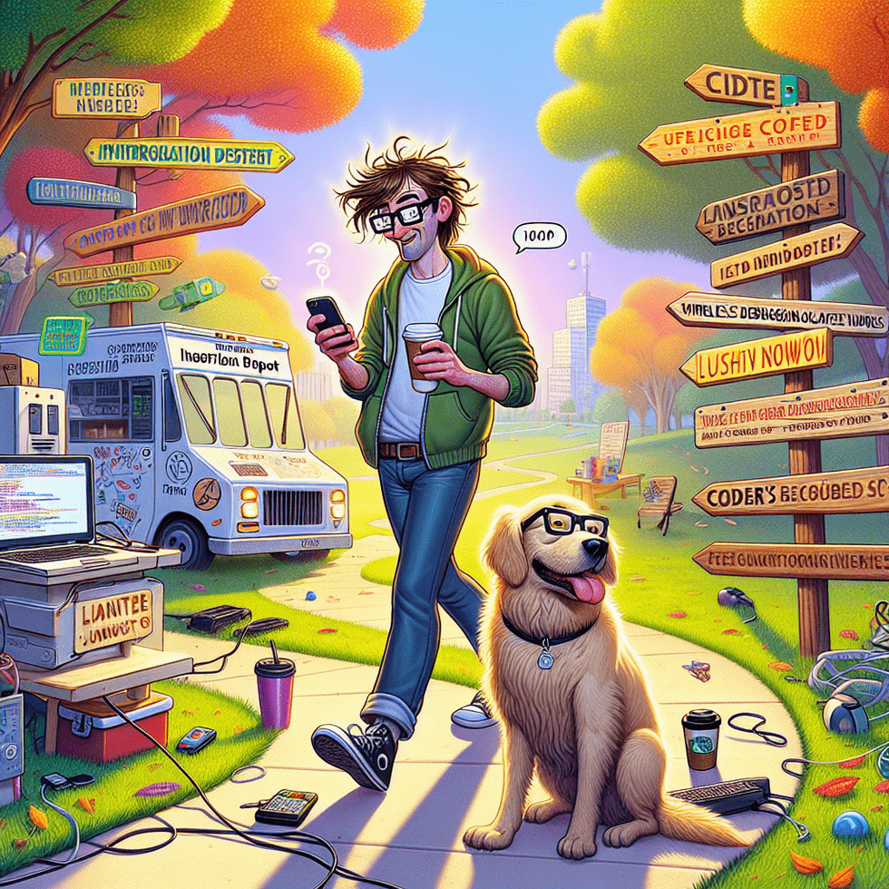A vibrant, cartoon-style scene depicting Bob, a relatable developer with wild hair and glasses, strolling in a sunlit park with his golden retriever M