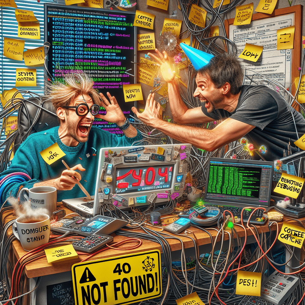 A comical scene of Bob at his cluttered home desk, frantically typing on a cartoonishly large laptop with a humorous expression. The desk is covered i