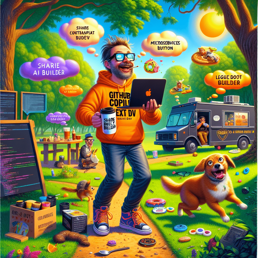 A bright, cartoon-style illustration of Bob Jenkins, a cheerful and scruffy developer with glasses, walking through a lush green park with his excited