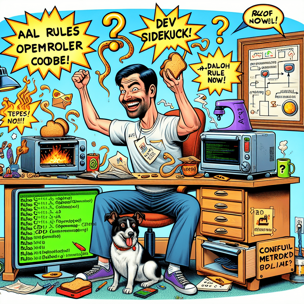 A cartoon-style scene of Bob at his cluttered home workspace in full configuration mode. He sits at a desk surrounded by vibrant, exaggerated tech obj