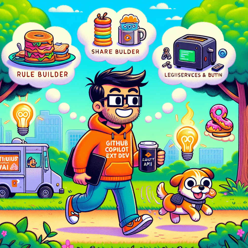 A bright, cartoon-style illustration of Bob Jenkins, a cheerful and scruffy developer with glasses, walking through a lush green park with his excited