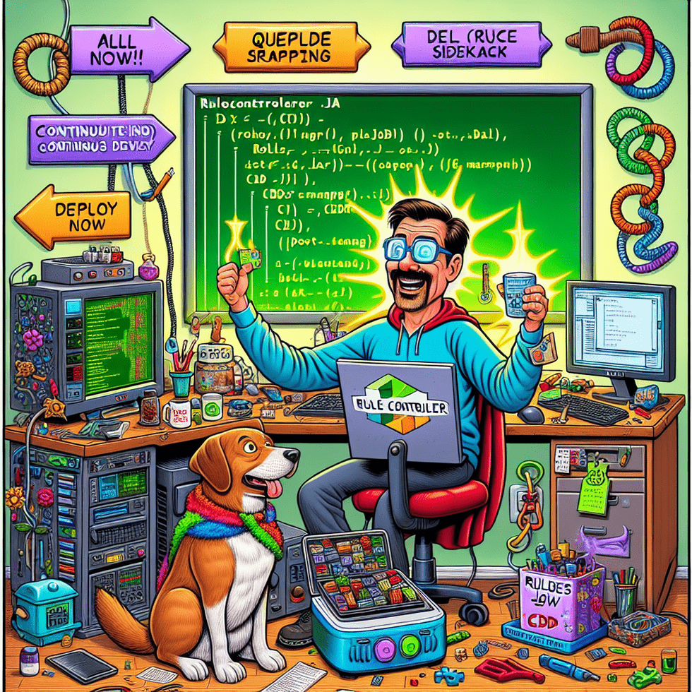 A cartoon-style scene of Bob at his cluttered home workspace in full configuration mode. He sits at a desk surrounded by vibrant, exaggerated tech obj