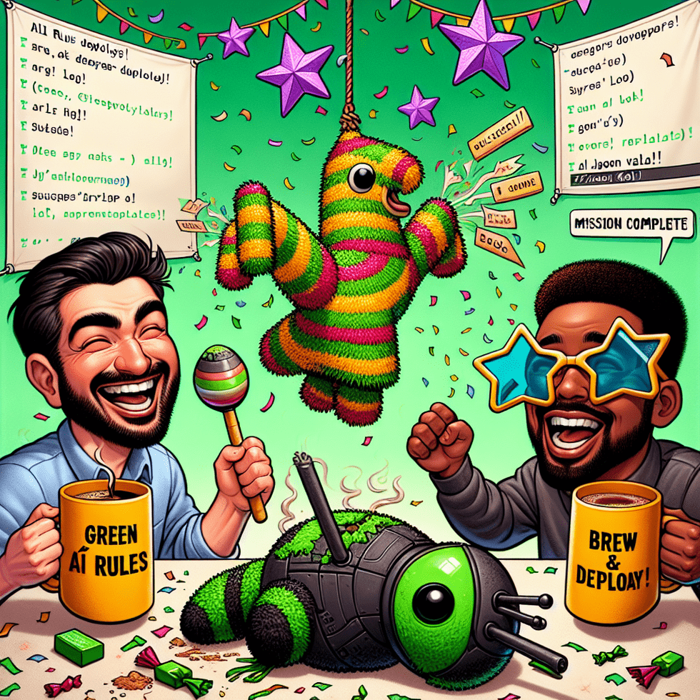 A celebratory cartoon scene showing Bob and Max high-fiving in front of a glowing green server dashboard that reads “All AI Rules Deployed!” Bob, smil