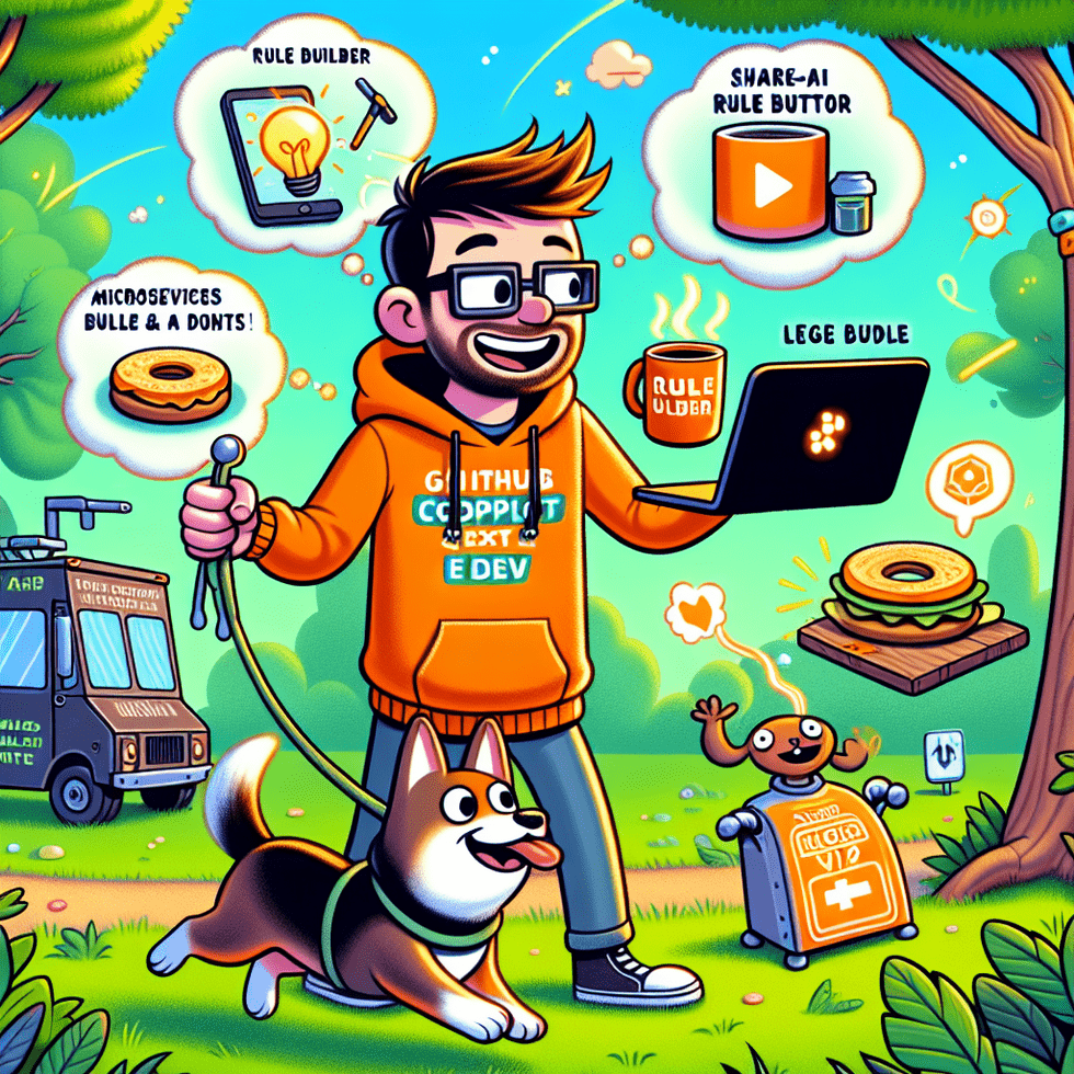 A bright, cartoon-style illustration of Bob Jenkins, a cheerful and scruffy developer with glasses, walking through a lush green park with his excited