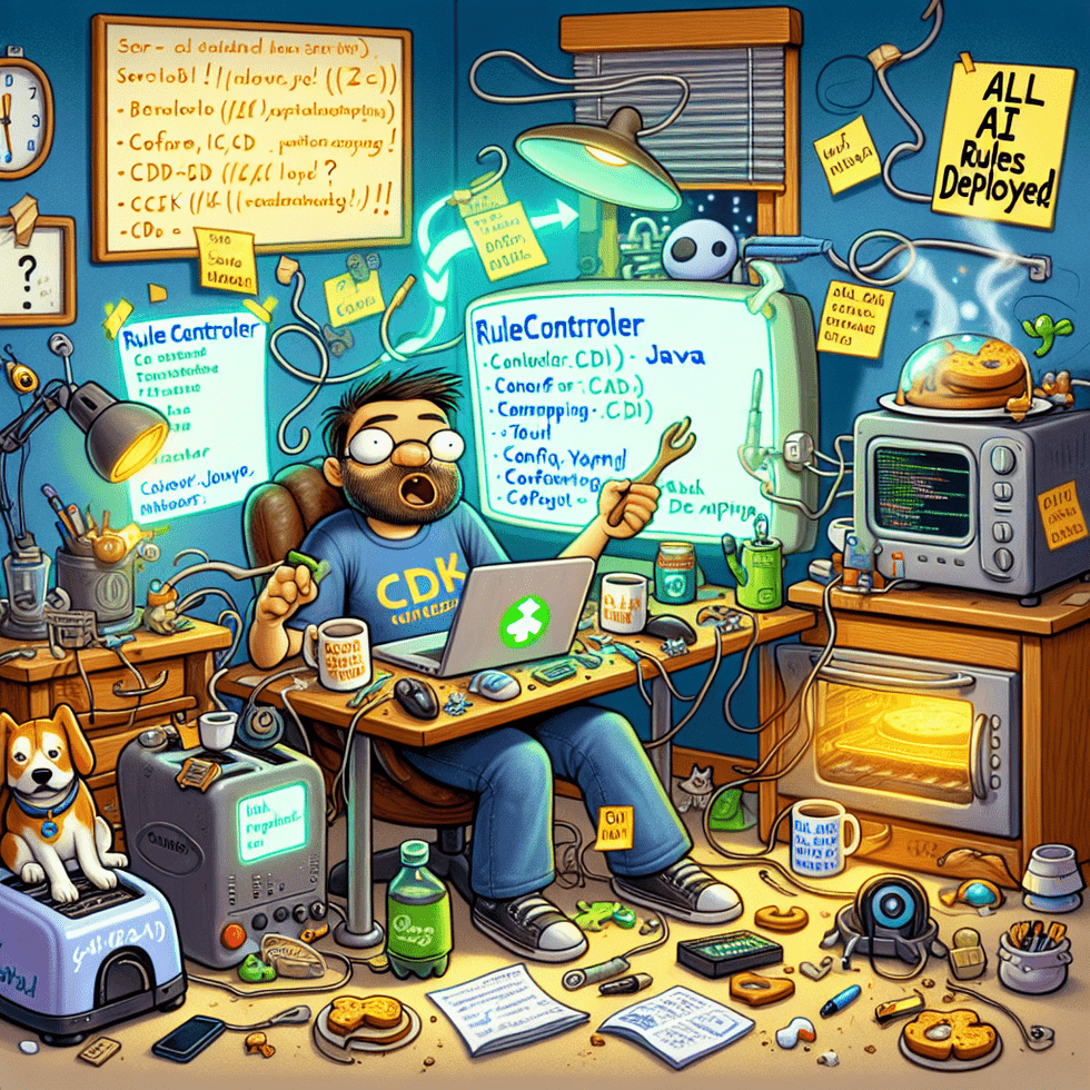 A cartoon-style scene of Bob at his cluttered home workspace in full configuration mode. He sits at a desk surrounded by vibrant, exaggerated tech obj