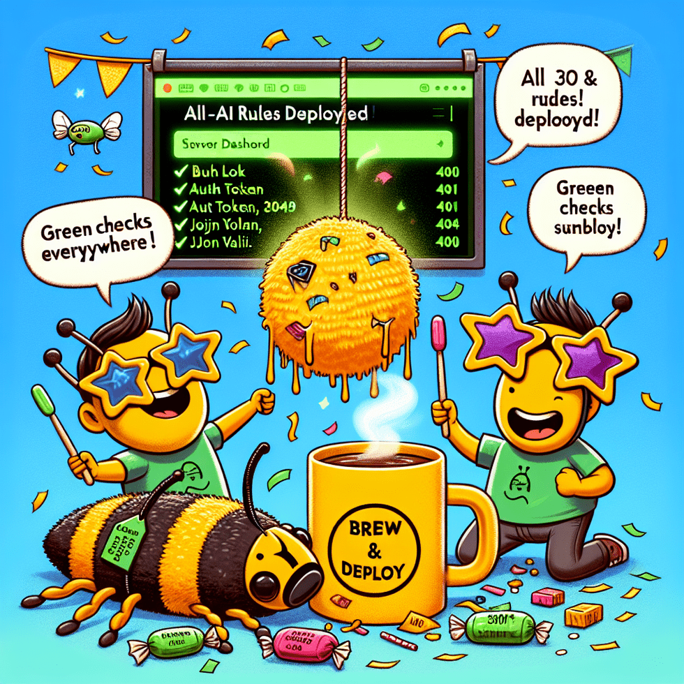 A celebratory cartoon scene showing Bob and Max high-fiving in front of a glowing green server dashboard that reads “All AI Rules Deployed!” Bob, smil