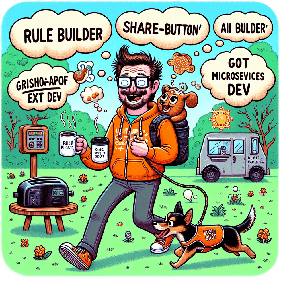 A bright, cartoon-style illustration of Bob Jenkins, a cheerful and scruffy developer with glasses, walking through a lush green park with his excited