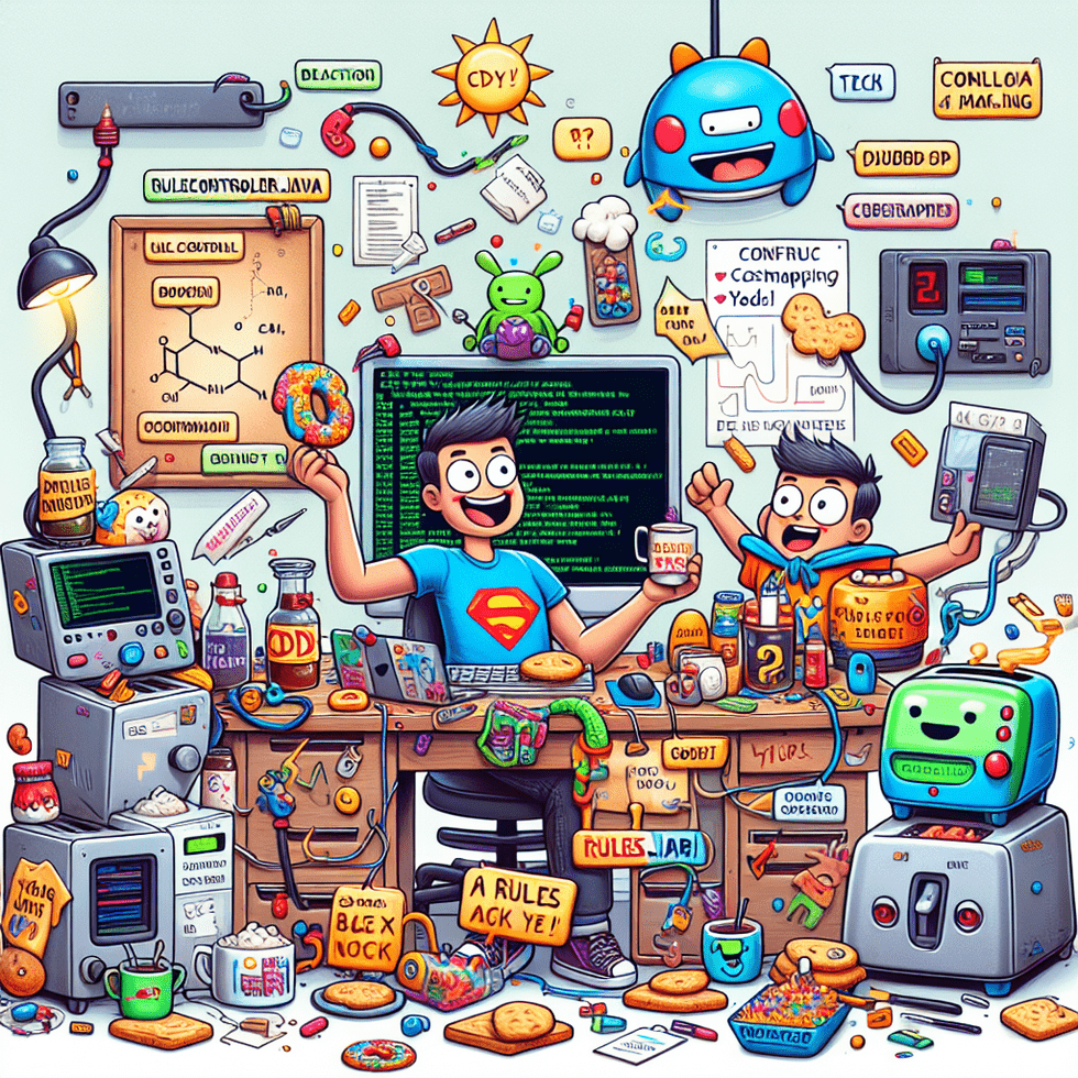A cartoon-style scene of Bob at his cluttered home workspace in full configuration mode. He sits at a desk surrounded by vibrant, exaggerated tech obj