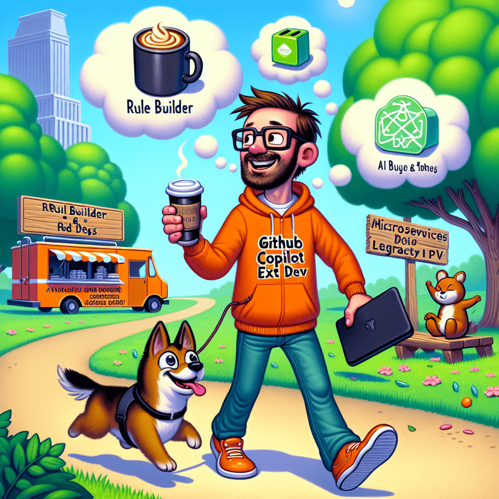 A bright, cartoon-style illustration of Bob Jenkins, a cheerful and scruffy developer with glasses, walking through a lush green park with his excited