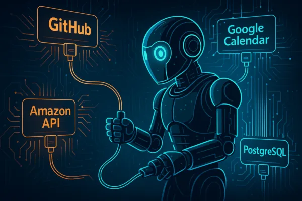 Build Smarter AI Agents in Minutes (With MCP — No Code Needed!) A futuristic AI robot connecting to tools like GitHub, Google Calendar, Amazon API, and PostgreSQL using USB-C-style glowing ports, in a neon-glow tech interface.