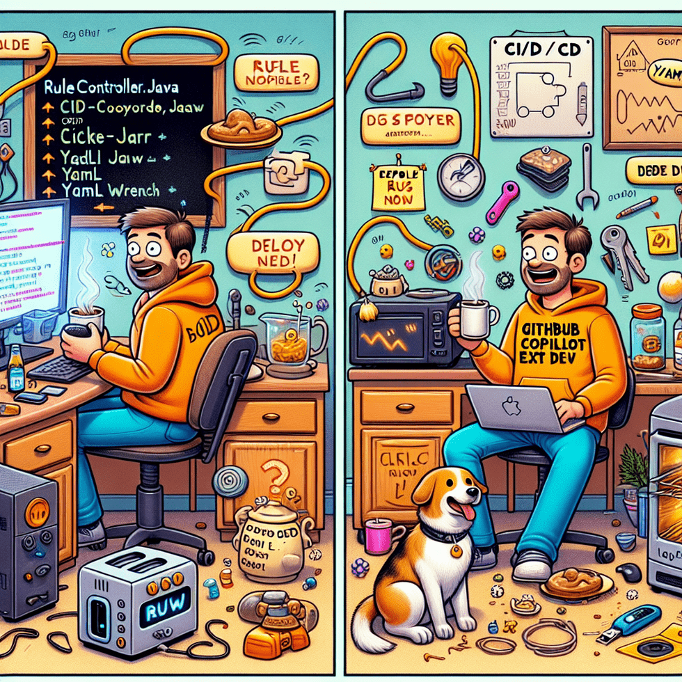 A cartoon-style scene of Bob at his cluttered home workspace in full configuration mode. He sits at a desk surrounded by vibrant, exaggerated tech obj