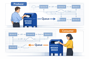 Asynchronous messaging in microservices diagram showing producer, message queue, and consumer