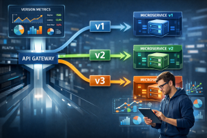 AI-powered API gateway routing requests to versioned microservices (v1, v2, v3) using intelligent neural logic and real-time monitoring dashboard