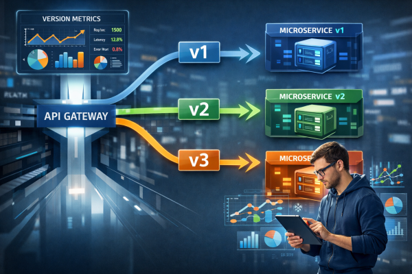 AI-powered API gateway routing requests to versioned microservices (v1, v2, v3) using intelligent neural logic and real-time monitoring dashboard
